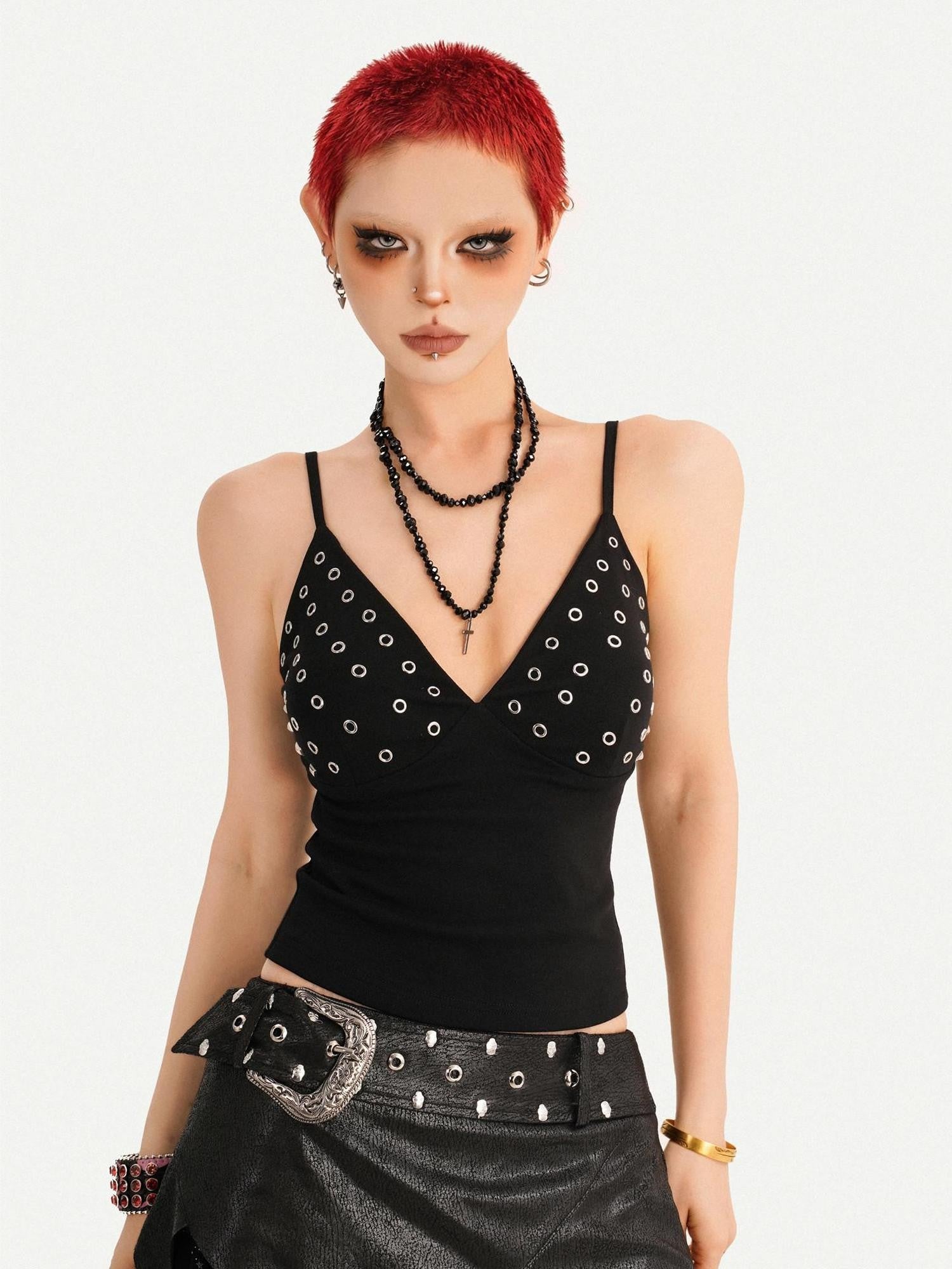 Nico Molly Black Deep V Metallic Rhinestone Slim Fit Cropped Women's Camisoles