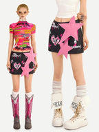 Nico Molly Black Distressed Cartoon Print Low Waist Bodycon Women's Mini Skirts