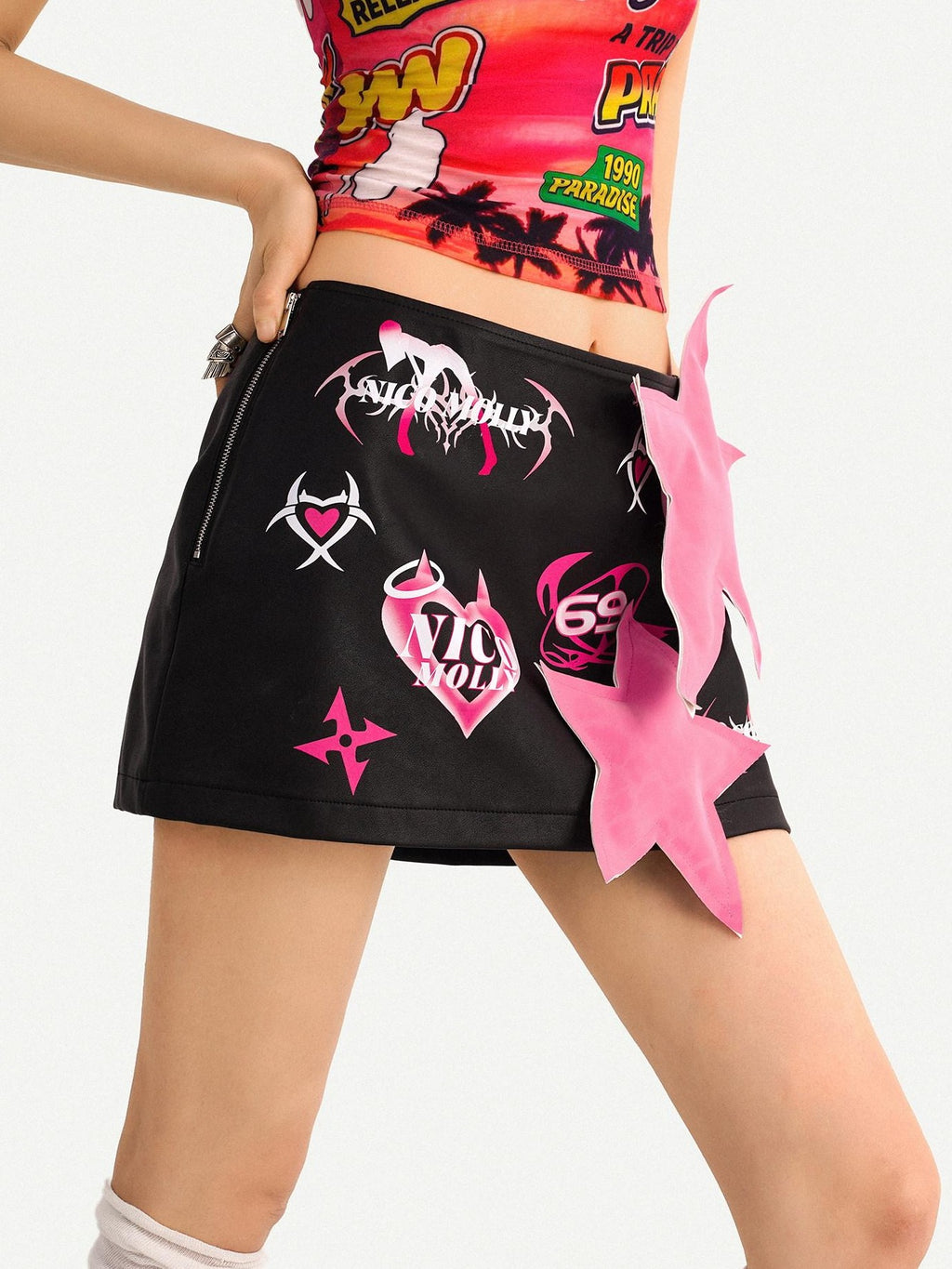 Nico Molly Black Distressed Cartoon Print Low Waist Bodycon Women's Mini Skirts
