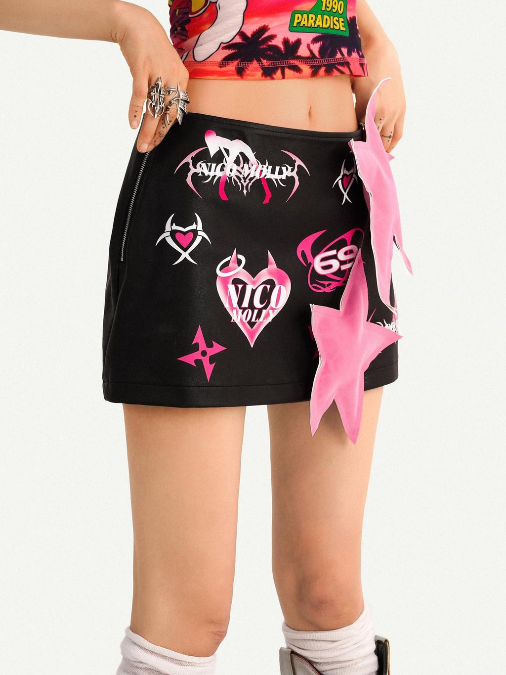 Nico Molly Black Distressed Cartoon Print Low Waist Bodycon Women's Mini Skirts