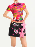 Nico Molly Black Distressed Cartoon Print Low Waist Bodycon Women's Mini Skirts