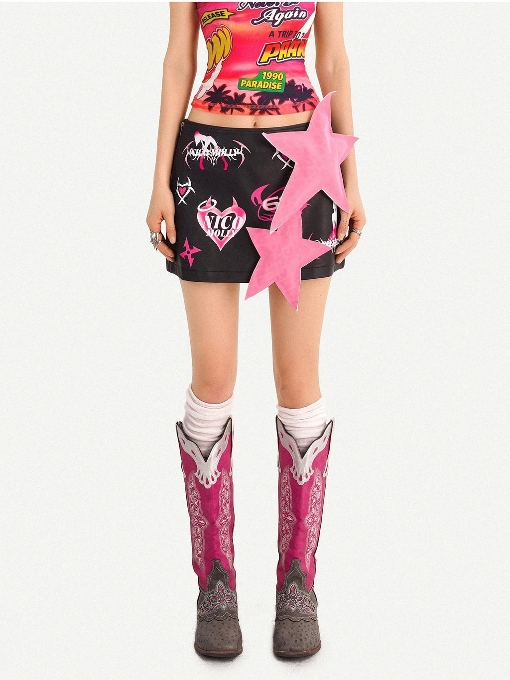 Nico Molly Black Distressed Cartoon Print Low Waist Bodycon Women's Mini Skirts