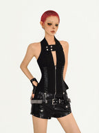 Nico Molly Black Fishbone Corset Halter Zipper Fitted Women's Nylon Tank Tops