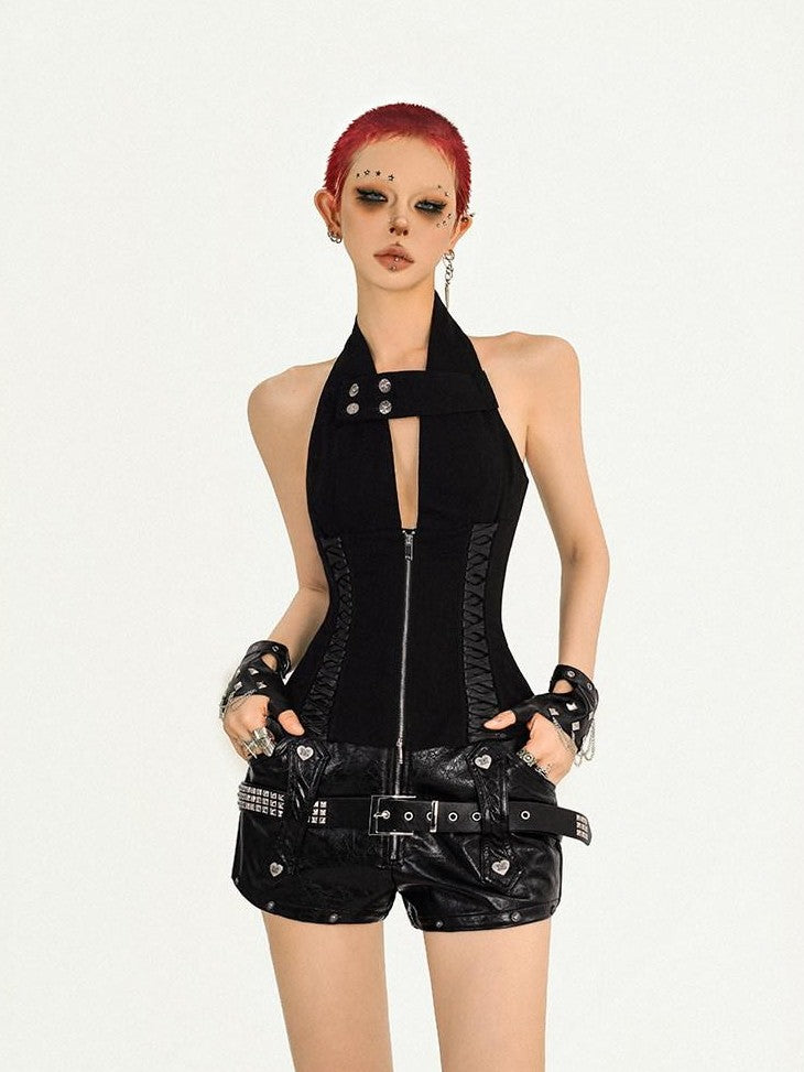 Nico Molly Black Fishbone Corset Halter Zipper Fitted Women's Nylon Tank Tops