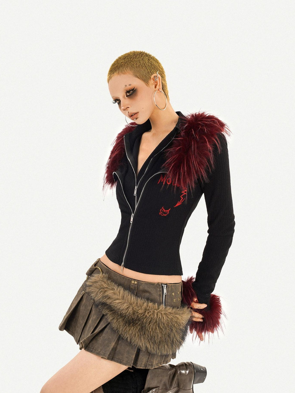 Nico Molly Black Flame Fur Collar Double Zipper Faux Layered Women's Knit Cardigans