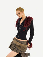 Nico Molly Black Flame Fur Collar Double Zipper Faux Layered Women's Knit Cardigans