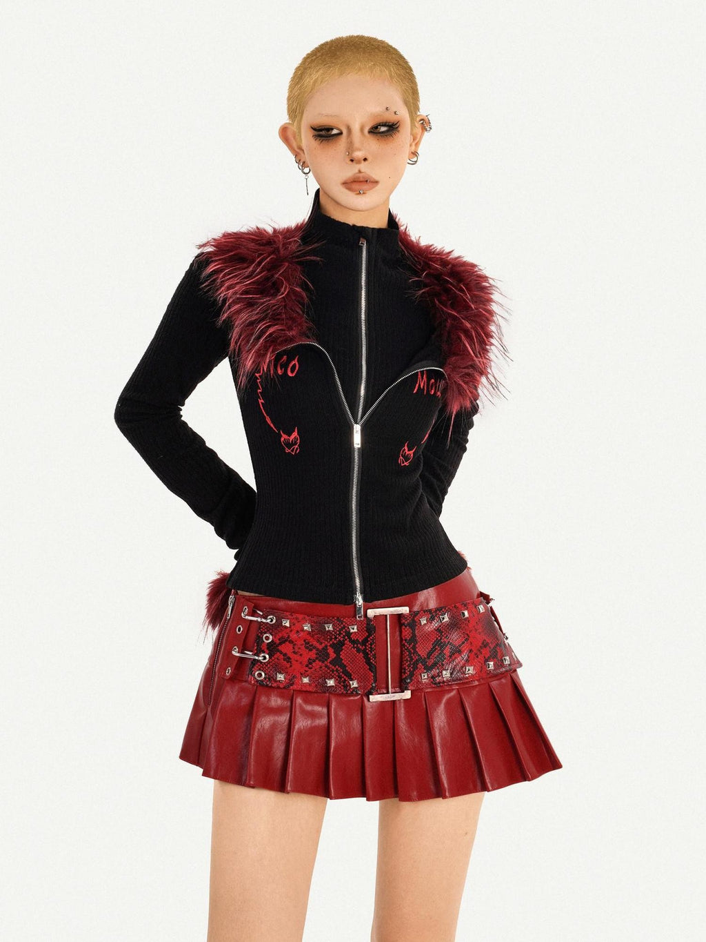Nico Molly Black Flame Fur Collar Double Zipper Faux Layered Women's Knit Cardigans