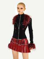Nico Molly Black Flame Fur Collar Double Zipper Faux Layered Women's Knit Cardigans