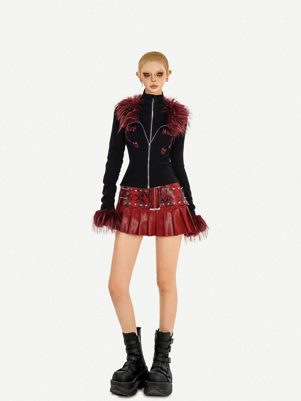 Nico Molly Black Flame Fur Collar Double Zipper Faux Layered Women's Knit Cardigans