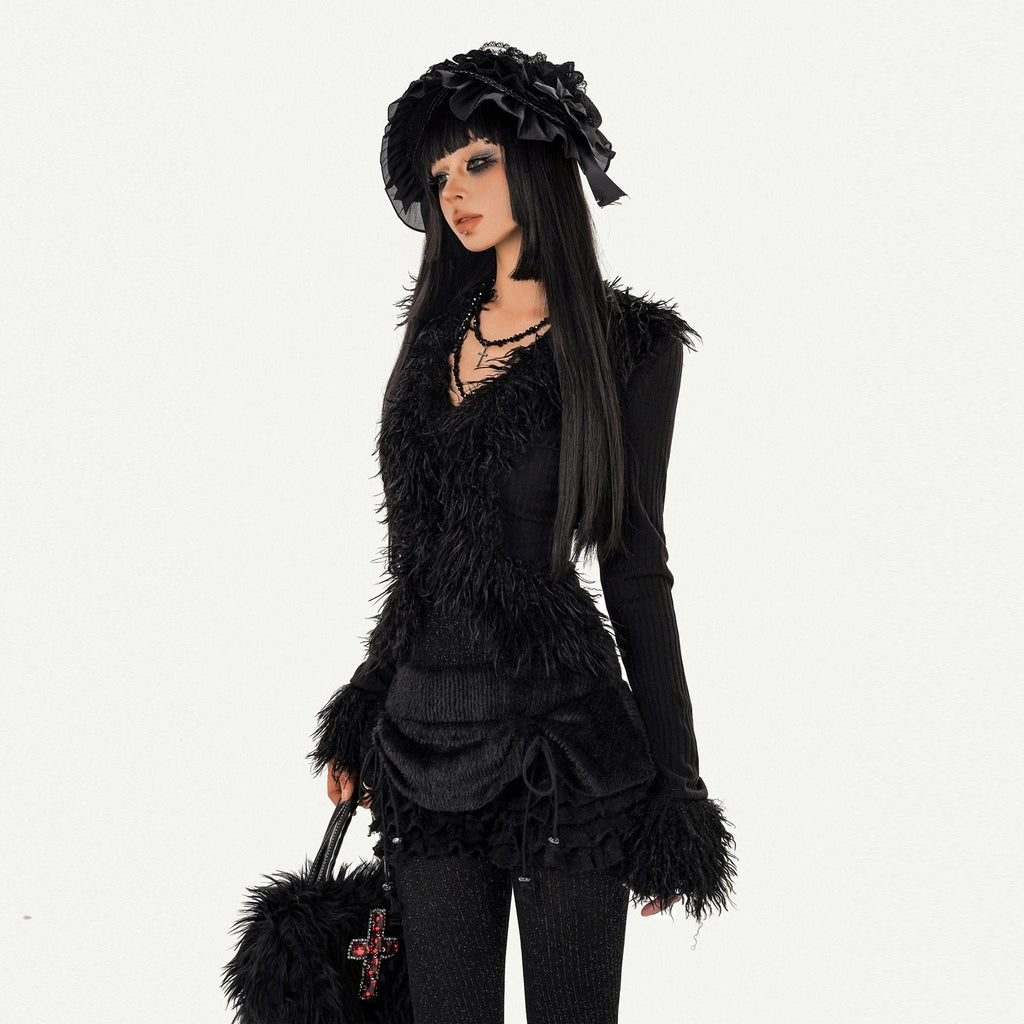Nico_Molly_Black_Fuzzy_Dark_Gothic_V-neck_Tie_Knit_Short_Slim_Women's_Long_Sleeve_Cardigans_995583178497_MISSTT