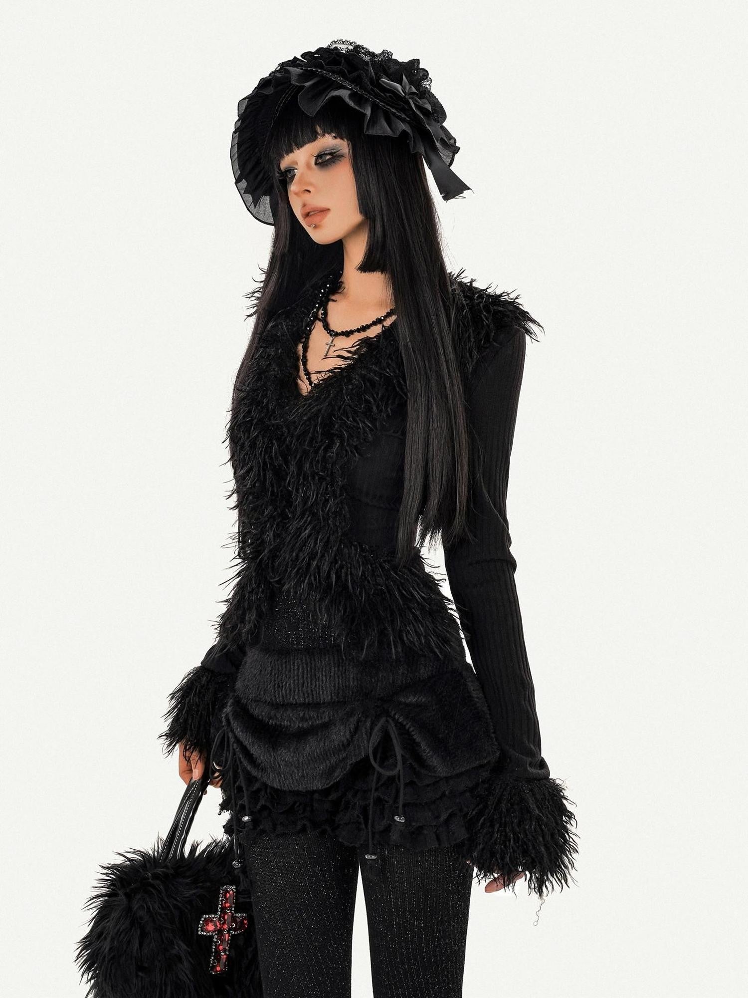 Nico Molly Black Fuzzy Dark Gothic V-neck Tie Knit Short Slim Women's Long Sleeve Cardigans