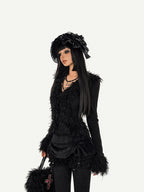 Nico Molly Black Fuzzy Dark Gothic V-neck Tie Knit Short Slim Women's Long Sleeve Cardigans