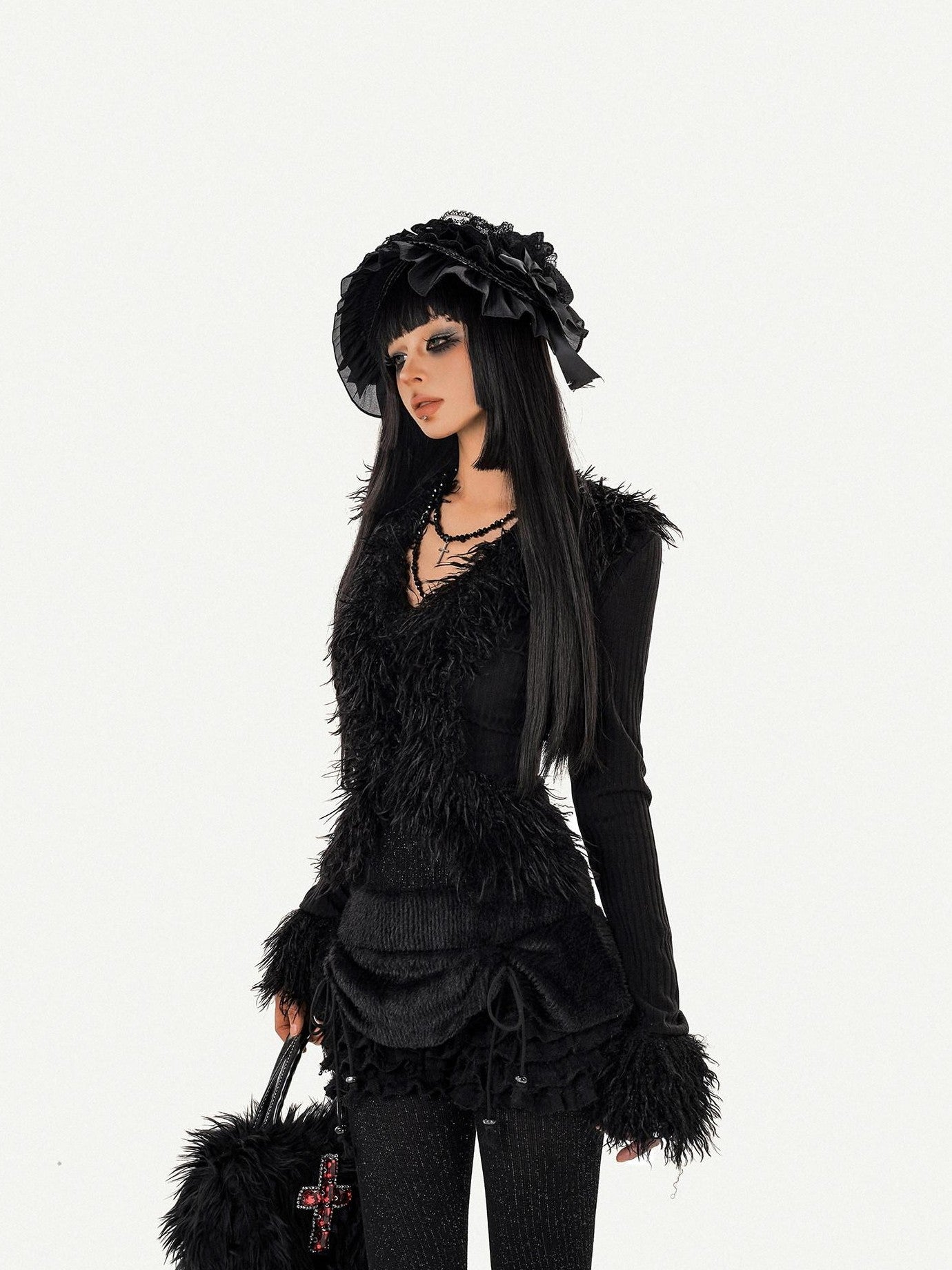 Nico Molly Black Fuzzy Dark Gothic V-neck Tie Knit Short Slim Women's Long Sleeve Cardigans