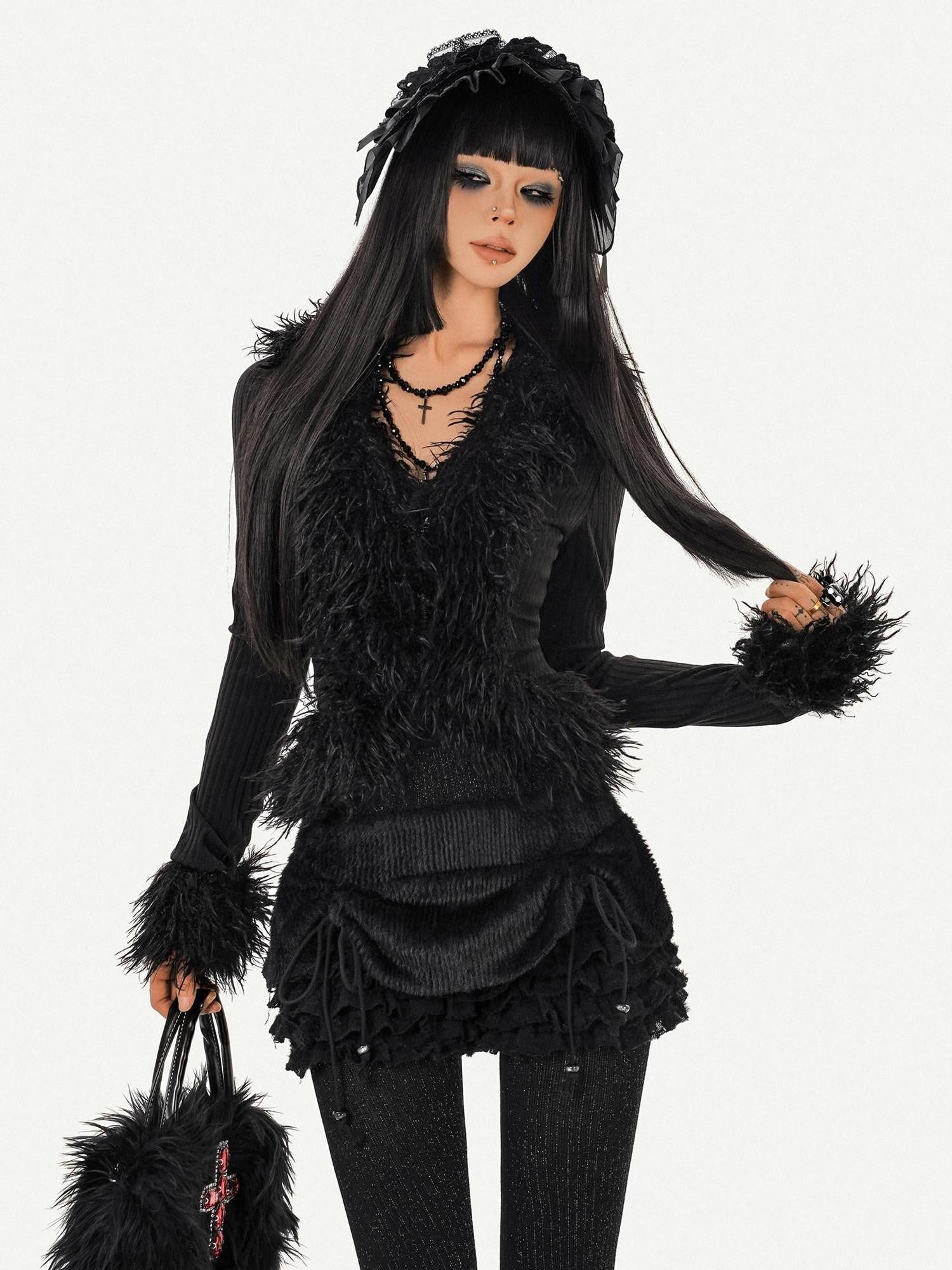 Nico Molly Black Fuzzy Dark Gothic V-neck Tie Knit Short Slim Women's Long Sleeve Cardigans