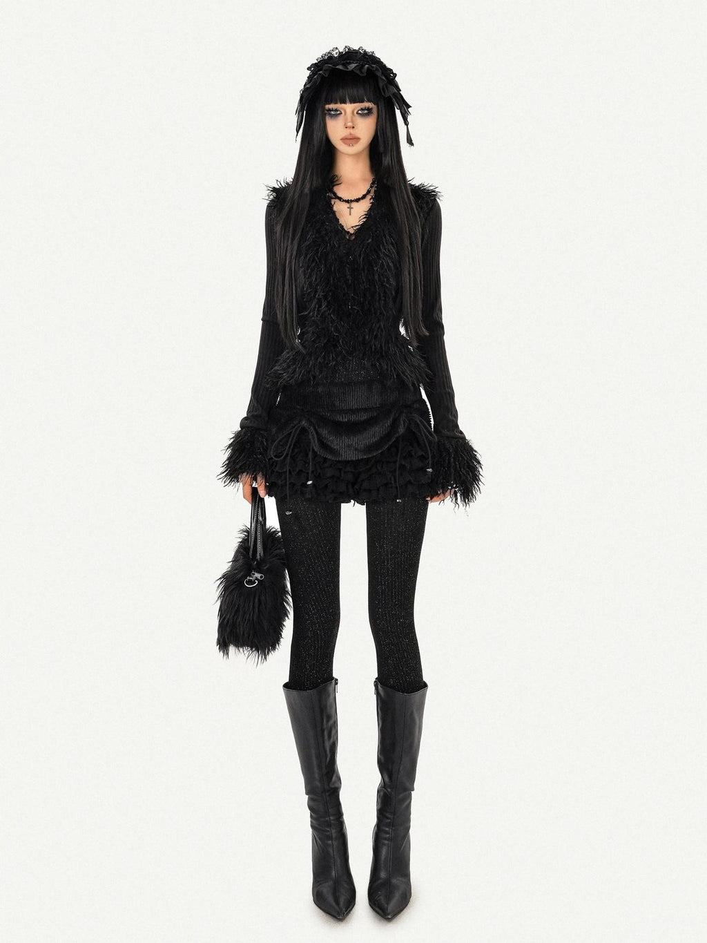 Nico Molly Black Fuzzy Dark Gothic V-neck Tie Knit Short Slim Women's Long Sleeve Cardigans