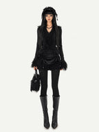 Nico Molly Black Fuzzy Dark Gothic V-neck Tie Knit Short Slim Women's Long Sleeve Cardigans