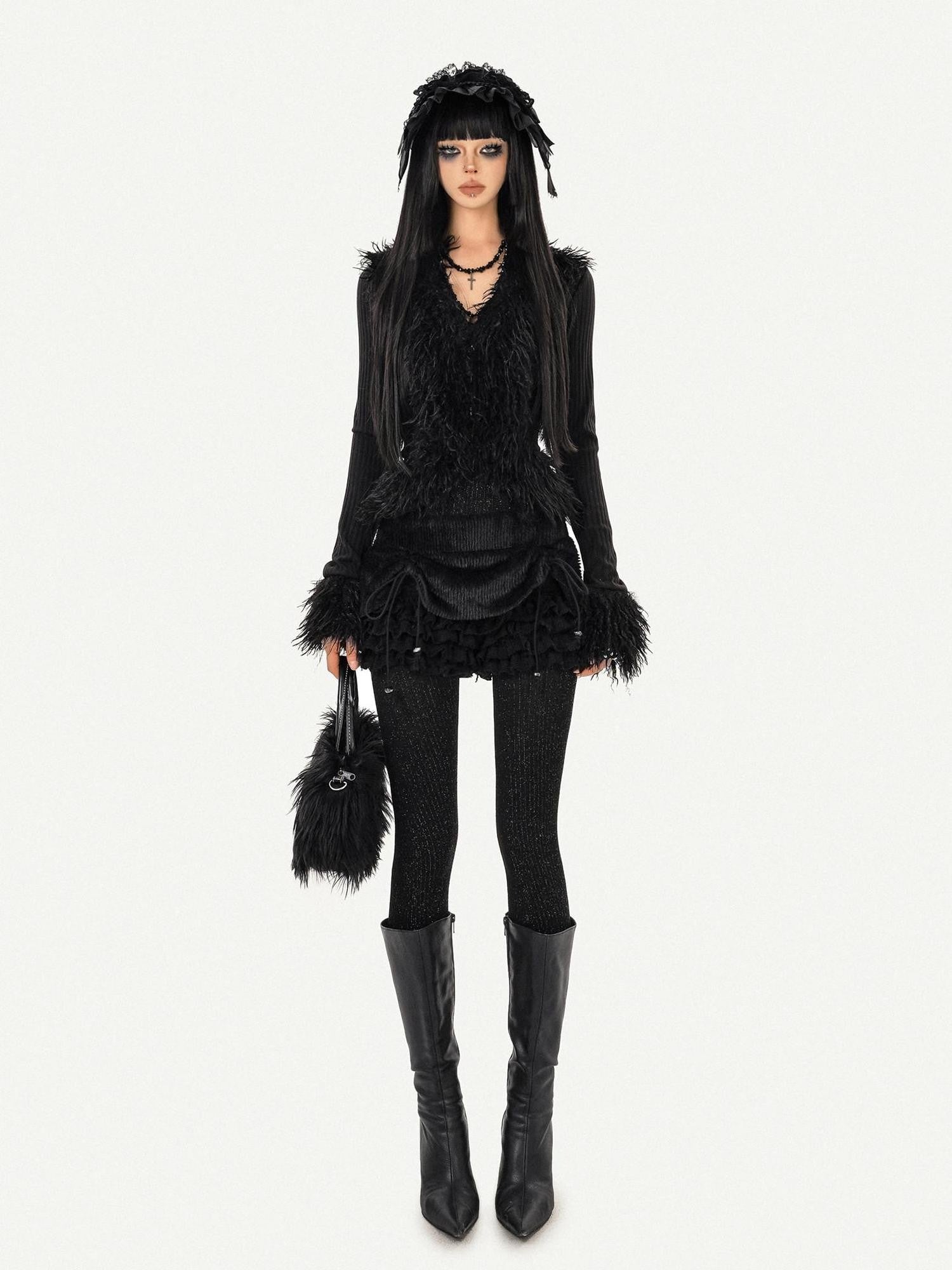 Nico Molly Black Fuzzy Dark Gothic V-neck Tie Knit Short Slim Women's Long Sleeve Cardigans