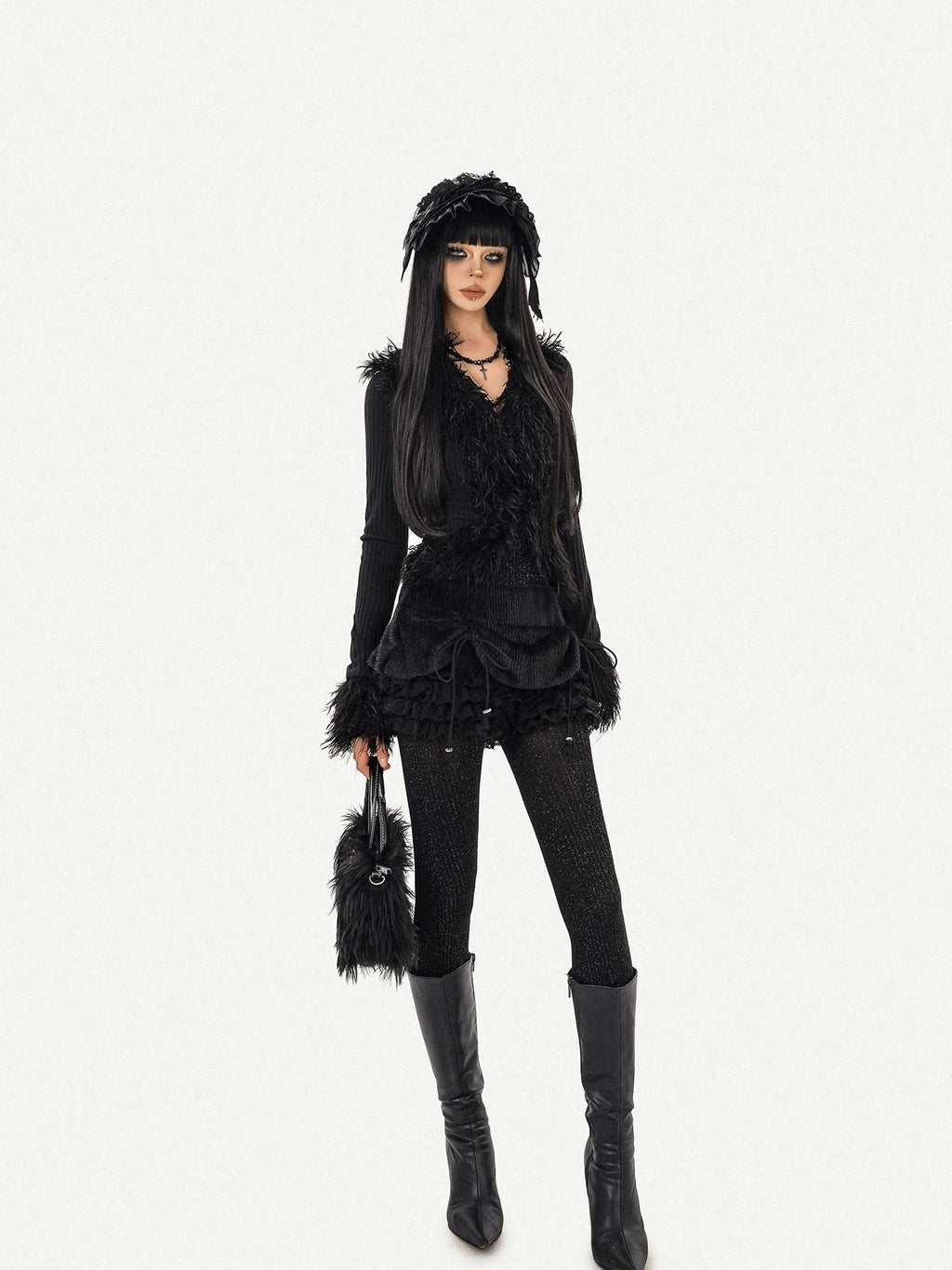 Nico Molly Black Fuzzy Dark Gothic V-neck Tie Knit Short Slim Women's Long Sleeve Cardigans