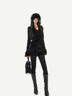 Nico Molly Black Fuzzy Dark Gothic V-neck Tie Knit Short Slim Women's Long Sleeve Cardigans
