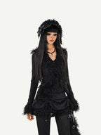 Nico Molly Black Fuzzy Dark Gothic V-neck Tie Knit Short Slim Women's Long Sleeve Cardigans