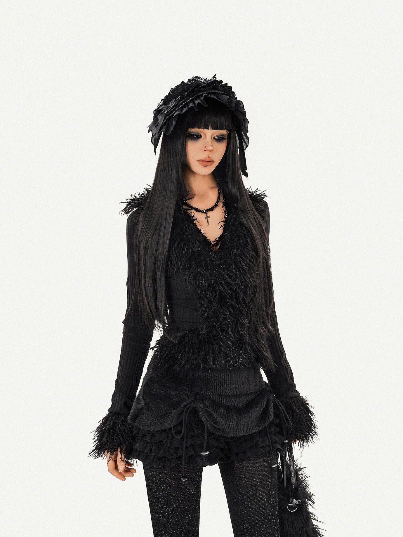 Nico Molly Black Fuzzy Dark Gothic V-neck Tie Knit Short Slim Women's Long Sleeve Cardigans