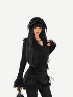 Nico Molly Black Fuzzy Dark Gothic V-neck Tie Knit Short Slim Women's Long Sleeve Cardigans
