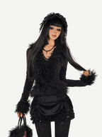Nico Molly Black Fuzzy Dark Gothic V-neck Tie Knit Short Slim Women's Long Sleeve Cardigans