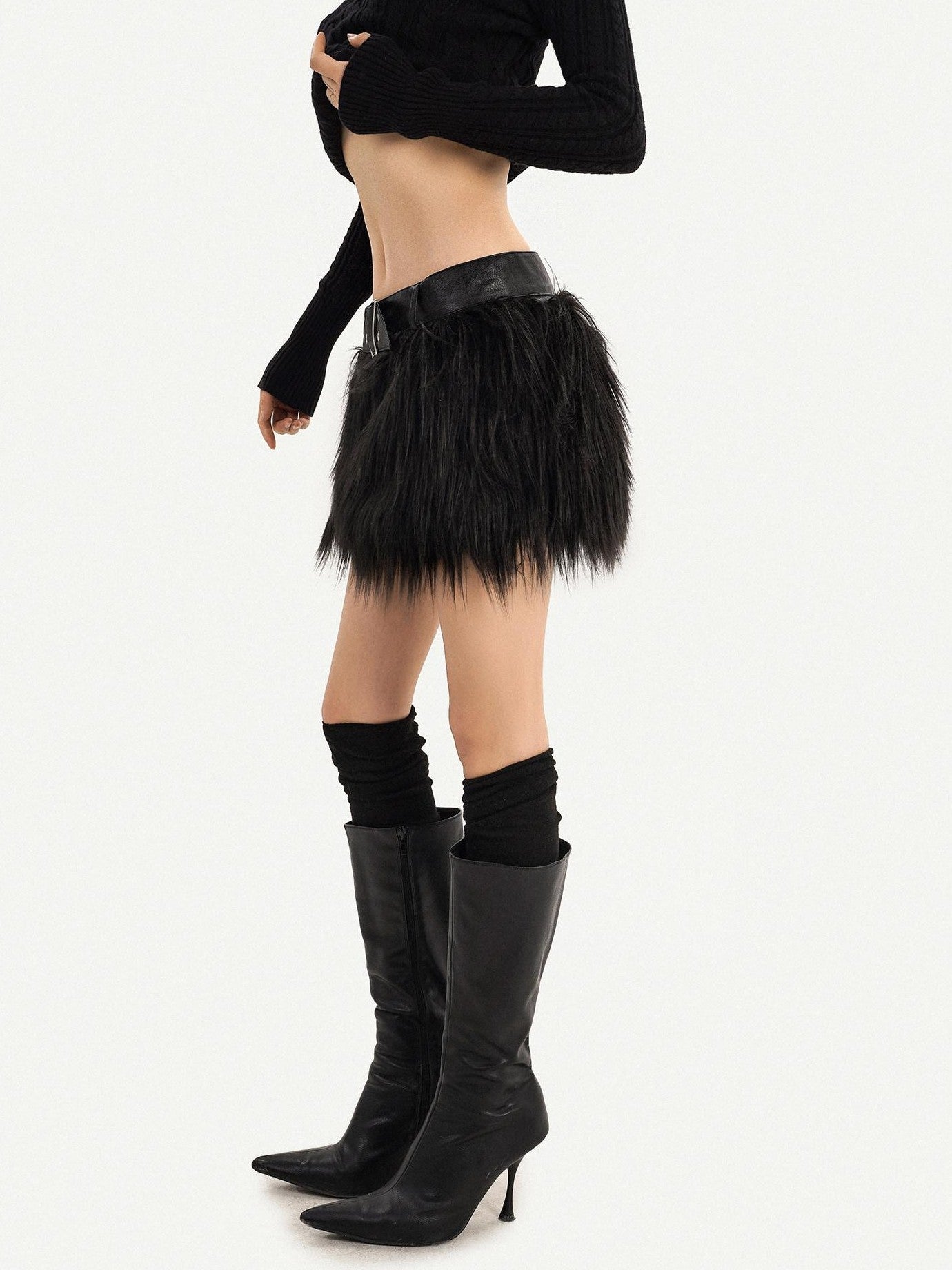 Nico Molly Black Gothic A Line Plush Belted Low Waist Women's Mini Skirts