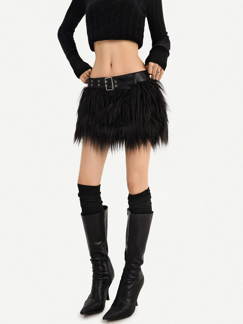 Nico Molly Black Gothic A Line Plush Belted Low Waist Women's Mini Skirts