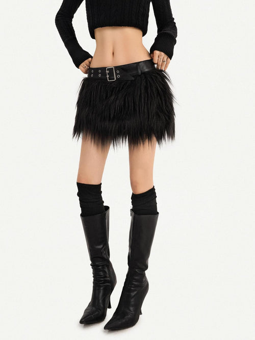 Nico Molly Black Gothic A Line Plush Belted Low Waist Women's Mini Skirts