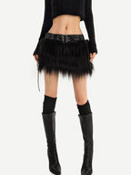 Nico Molly Black Gothic A Line Plush Belted Low Waist Women's Mini Skirts