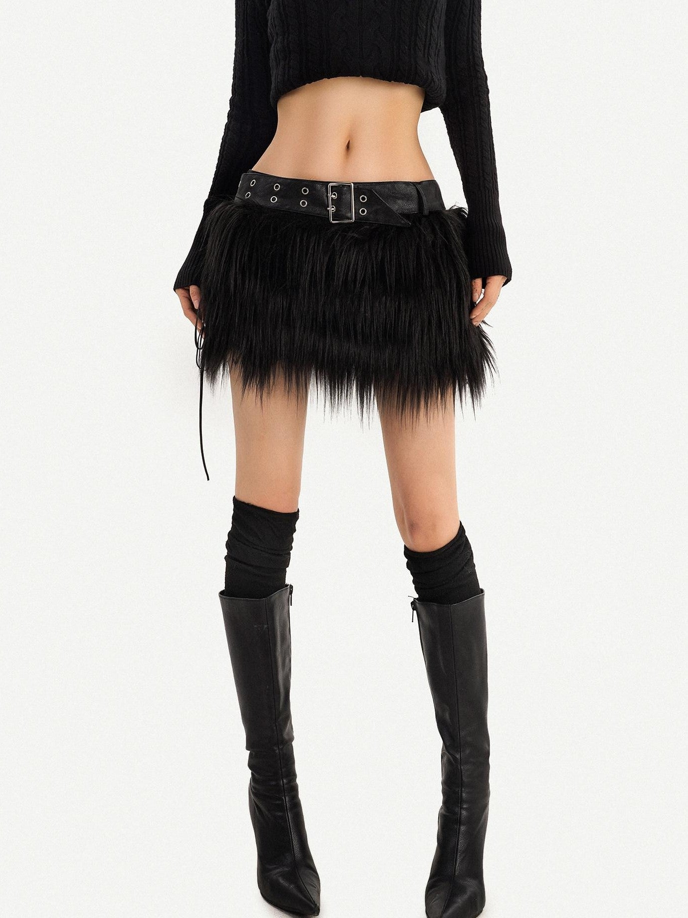 Nico Molly Black Gothic A Line Plush Belted Low Waist Women's Mini Skirts