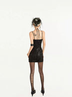 Nico Molly Black Gothic Asymmetric V-neck Cinched Waist Women's Slip Midi Dresses