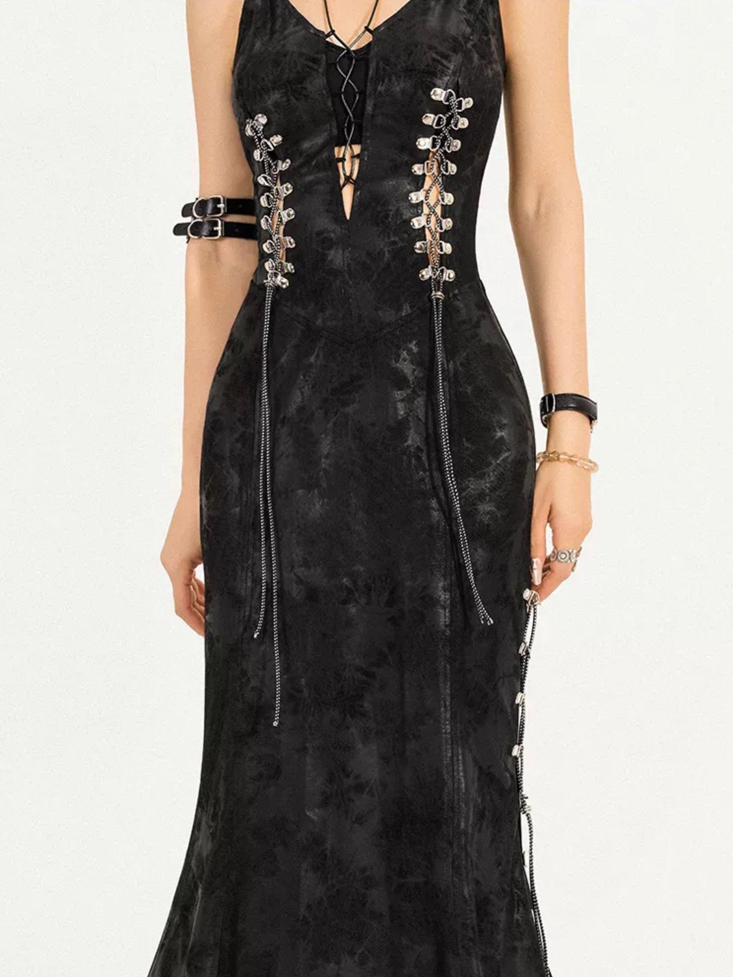 Nico Molly Black Gothic Burnout Tie V-neck Women's Fitted Waist Slip Maxi Dresses