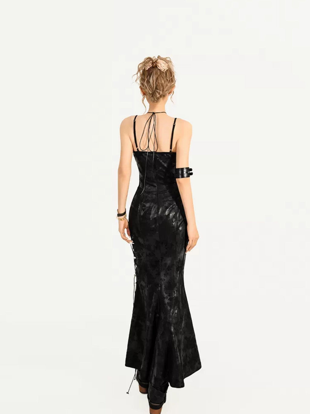 Nico Molly Black Gothic Burnout Tie V-neck Women's Fitted Waist Slip Maxi Dresses