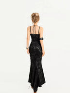 Nico Molly Black Gothic Burnout Tie V-neck Women's Fitted Waist Slip Maxi Dresses