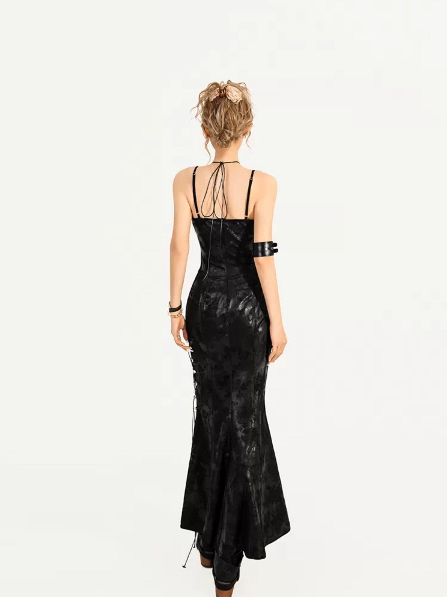 Nico Molly Black Gothic Burnout Tie V-neck Women's Fitted Waist Slip Maxi Dresses