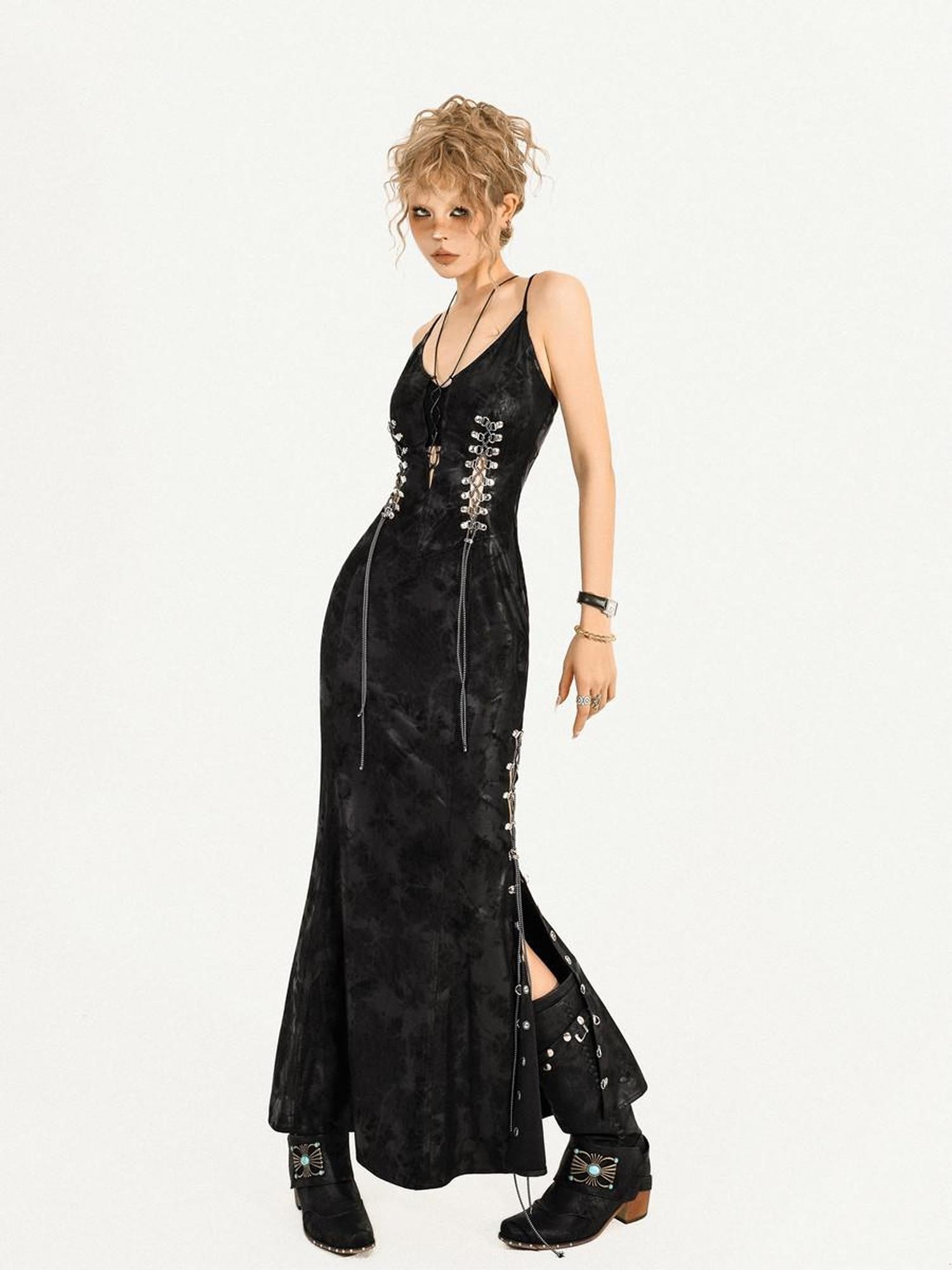 Nico Molly Black Gothic Burnout Tie V-neck Women's Fitted Waist Slip Maxi Dresses