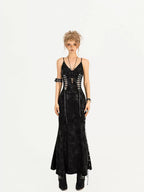 Nico Molly Black Gothic Burnout Tie V-neck Women's Fitted Waist Slip Maxi Dresses