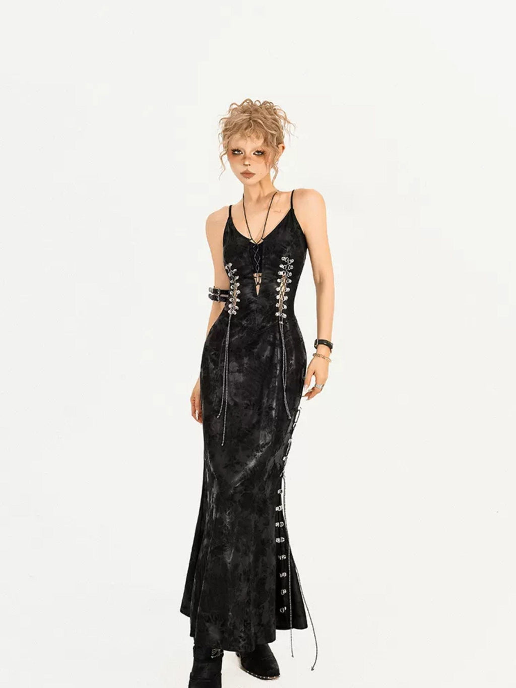 Nico Molly Black Gothic Burnout Tie V-neck Women's Fitted Waist Slip Maxi Dresses
