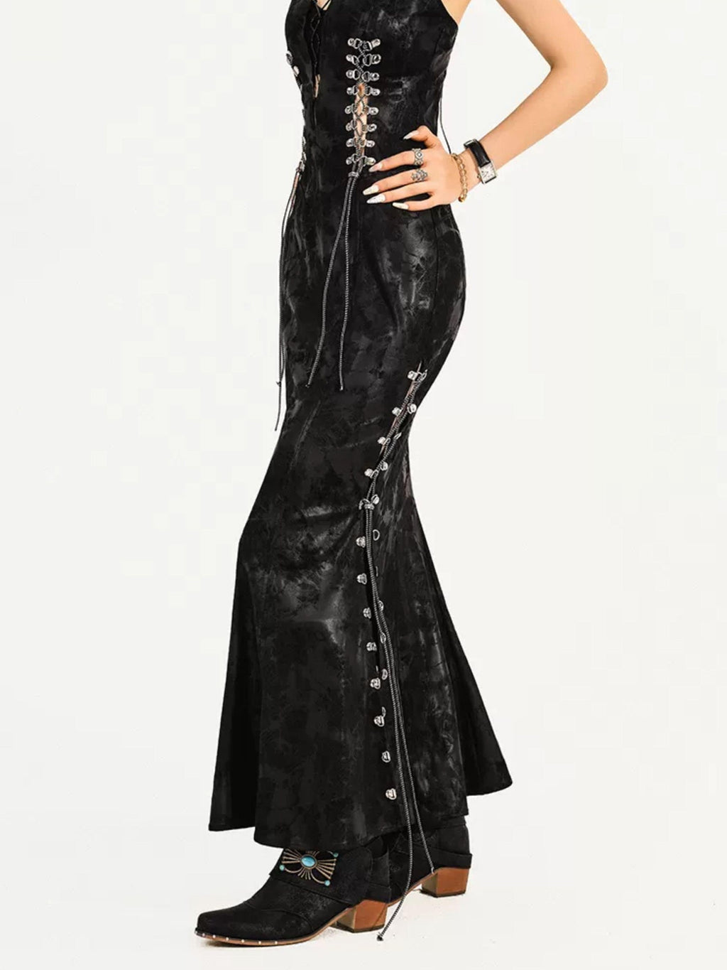 Nico Molly Black Gothic Burnout Tie V-neck Women's Fitted Waist Slip Maxi Dresses