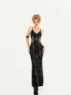 Nico Molly Black Gothic Burnout Tie V-neck Women's Fitted Waist Slip Maxi Dresses