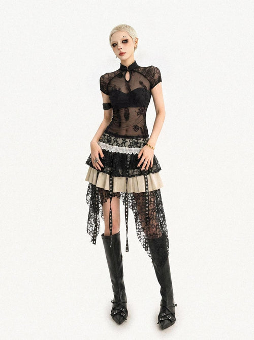 Nico Molly Black Gothic Lace Splice Stand Collar Women's Lace Short Sleeve T-shirts