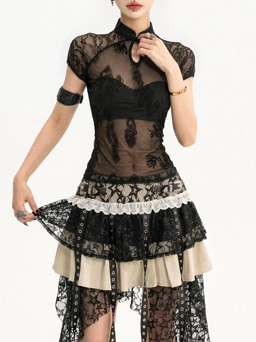 Nico Molly Black Gothic Lace Splice Stand Collar Women's Lace Short Sleeve T-shirts