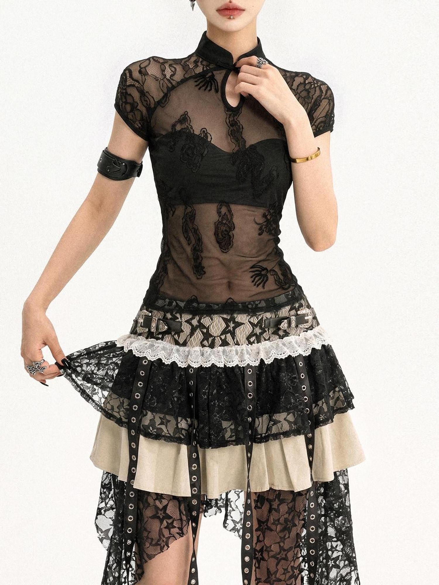 Nico Molly Black Gothic Lace Splice Stand Collar Women's Lace Short Sleeve T-shirts