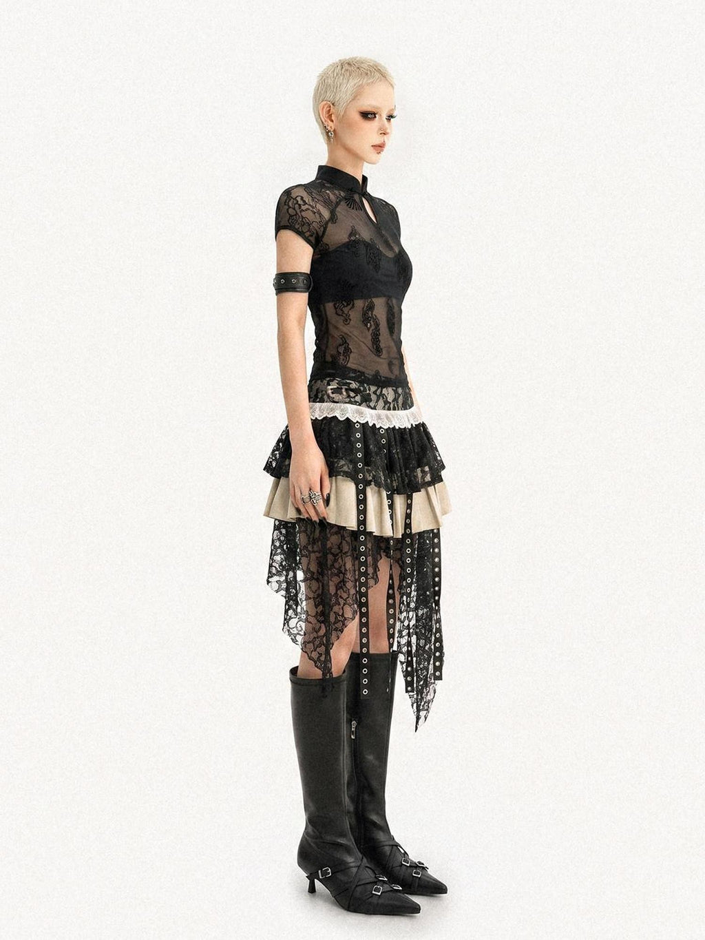 Nico Molly Black Gothic Lace Splice Stand Collar Women's Lace Short Sleeve T-shirts