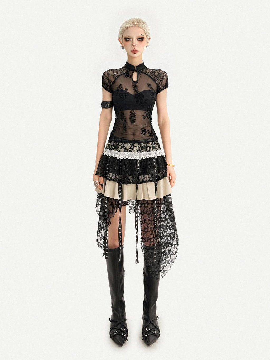 Nico Molly Black Gothic Lace Splice Stand Collar Women's Lace Short Sleeve T-shirts