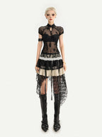 Nico Molly Black Gothic Lace Splice Stand Collar Women's Lace Short Sleeve T-shirts
