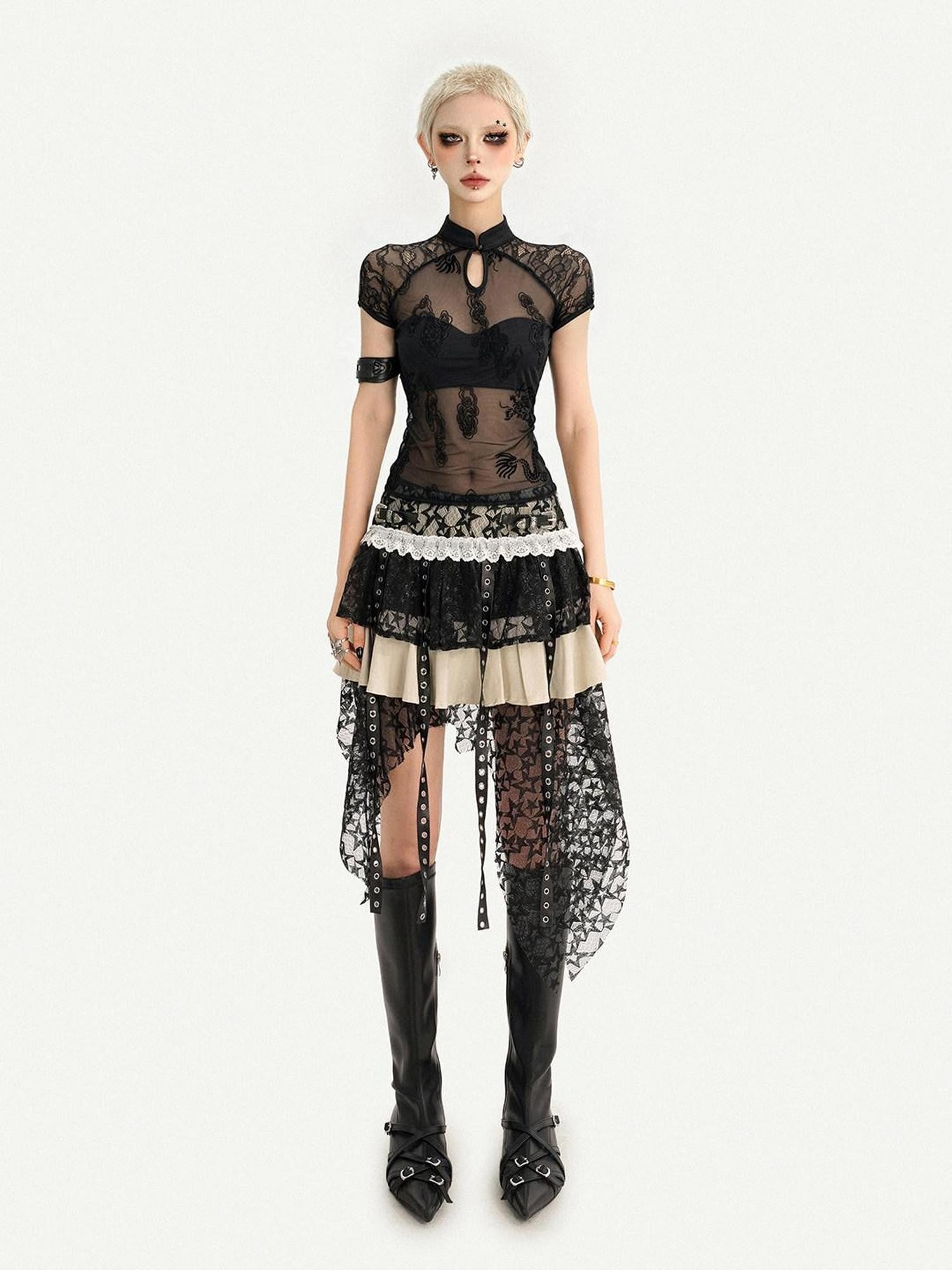 Nico Molly Black Gothic Lace Splice Stand Collar Women's Lace Short Sleeve T-shirts