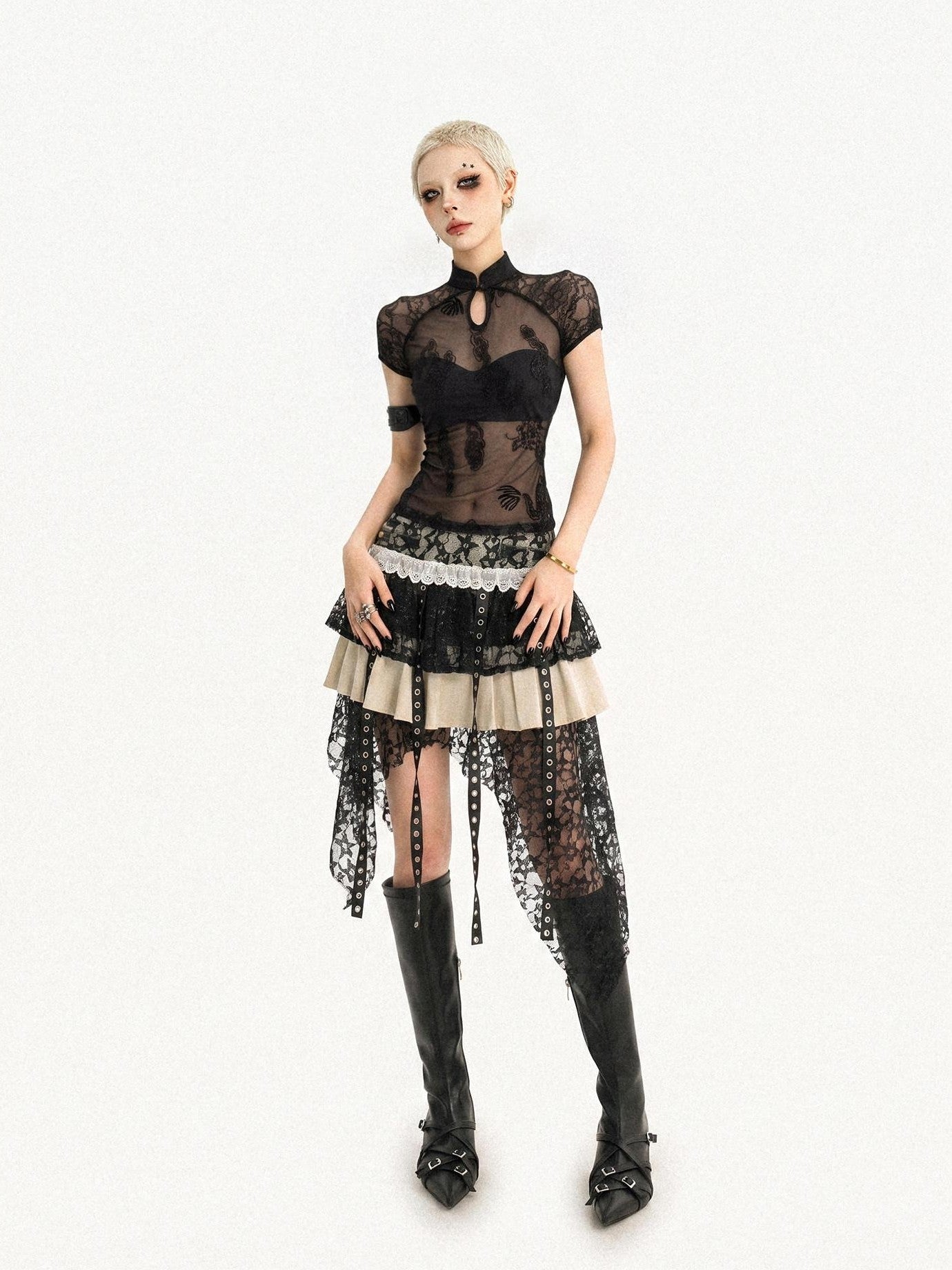 Nico Molly Black Gothic Lace Splice Stand Collar Women's Lace Short Sleeve T-shirts
